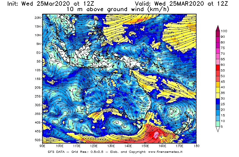 Mappa di analisi GFS - Velocità del vento a 10 metri dal suolo [km/h] in Oceania
							del 25/03/2020 12 <!--googleoff: index-->UTC<!--googleon: index-->