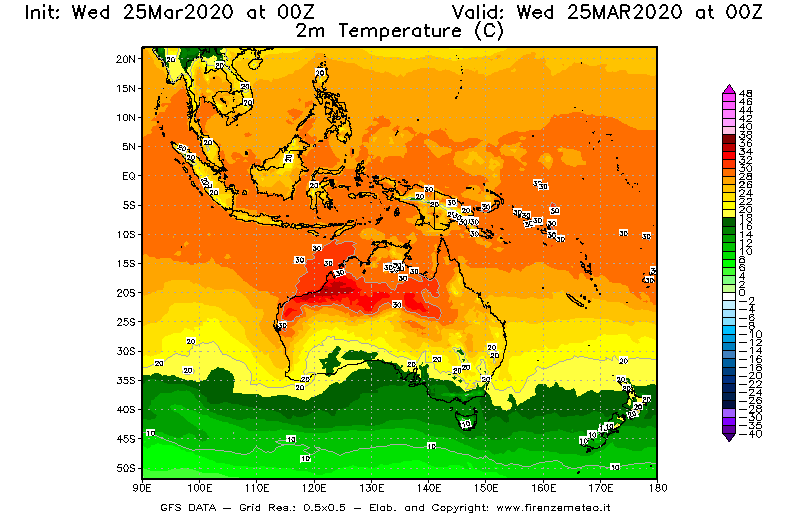 Mappa di analisi GFS - Temperatura a 2 metri dal suolo [°C] in Oceania
							del 25/03/2020 00 <!--googleoff: index-->UTC<!--googleon: index-->
