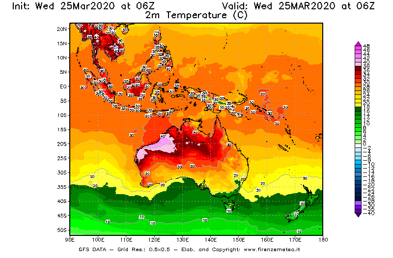 Mappa di analisi GFS - Temperatura a 2 metri dal suolo [°C] in Oceania
							del 25/03/2020 06 <!--googleoff: index-->UTC<!--googleon: index-->