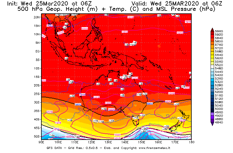 Mappa di analisi GFS - Geopotenziale [m] + Temp. [°C] a 500 hPa + Press. a livello del mare [hPa] in Oceania
							del 25/03/2020 06 <!--googleoff: index-->UTC<!--googleon: index-->