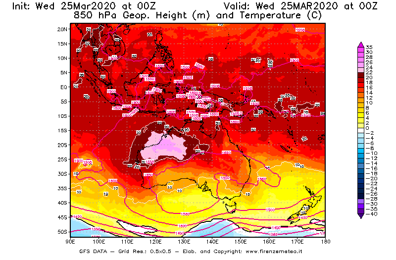 Mappa di analisi GFS - Geopotenziale [m] e Temperatura [°C] a 850 hPa in Oceania
							del 25/03/2020 00 <!--googleoff: index-->UTC<!--googleon: index-->