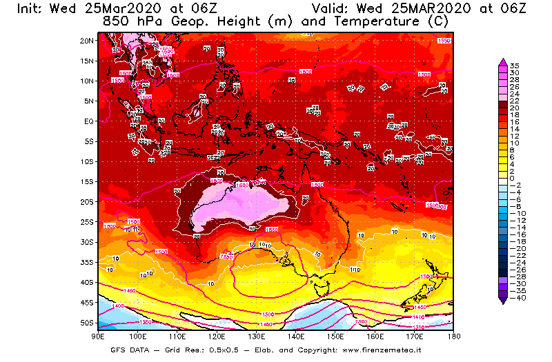 Mappa di analisi GFS - Geopotenziale [m] e Temperatura [°C] a 850 hPa in Oceania
							del 25/03/2020 06 <!--googleoff: index-->UTC<!--googleon: index-->