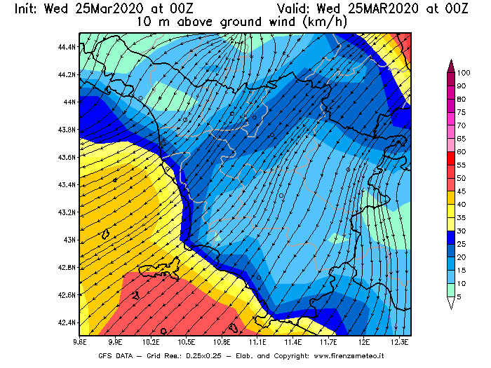 Mappa di analisi GFS - Velocità del vento a 10 metri dal suolo [km/h] in Toscana
							del 25/03/2020 00 <!--googleoff: index-->UTC<!--googleon: index-->