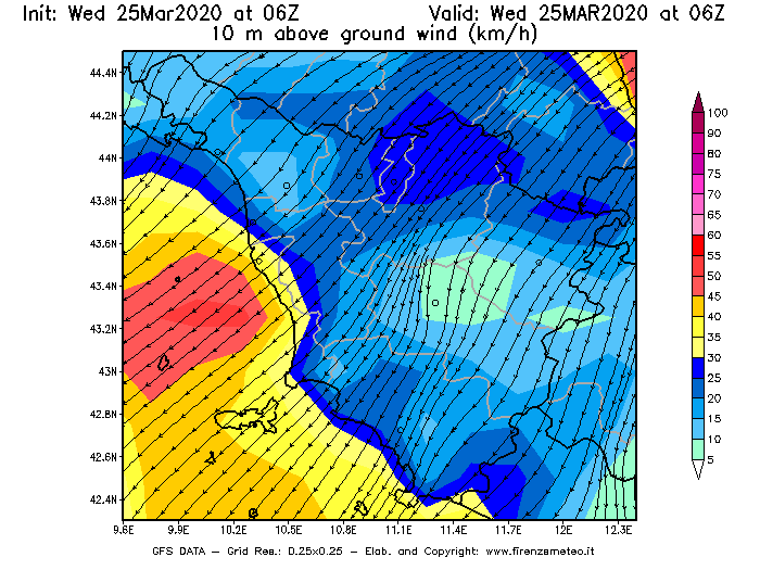 Mappa di analisi GFS - Velocità del vento a 10 metri dal suolo [km/h] in Toscana
							del 25/03/2020 06 <!--googleoff: index-->UTC<!--googleon: index-->
