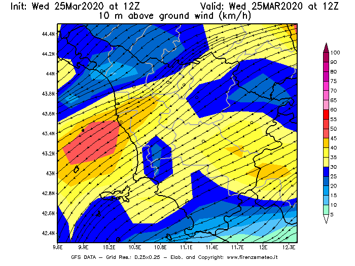 Mappa di analisi GFS - Velocità del vento a 10 metri dal suolo [km/h] in Toscana
							del 25/03/2020 12 <!--googleoff: index-->UTC<!--googleon: index-->