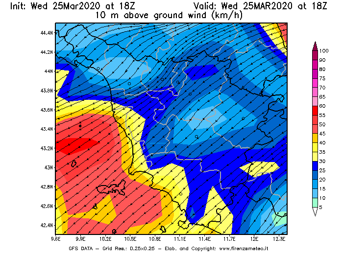 Mappa di analisi GFS - Velocità del vento a 10 metri dal suolo [km/h] in Toscana
							del 25/03/2020 18 <!--googleoff: index-->UTC<!--googleon: index-->
