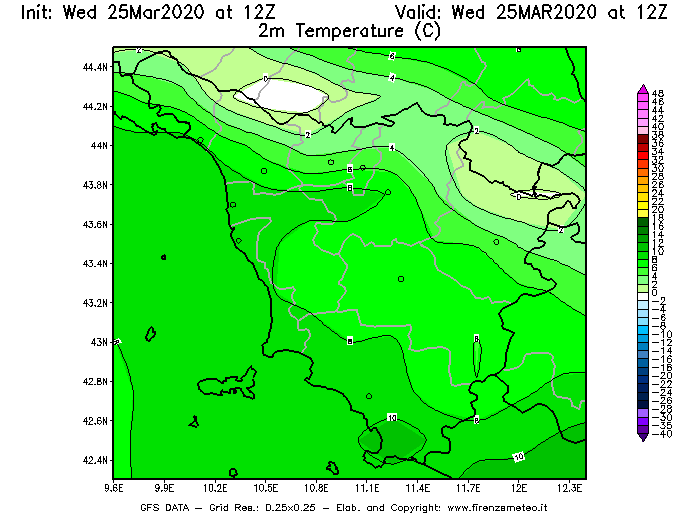 Mappa di analisi GFS - Temperatura a 2 metri dal suolo [°C] in Toscana
							del 25/03/2020 12 <!--googleoff: index-->UTC<!--googleon: index-->