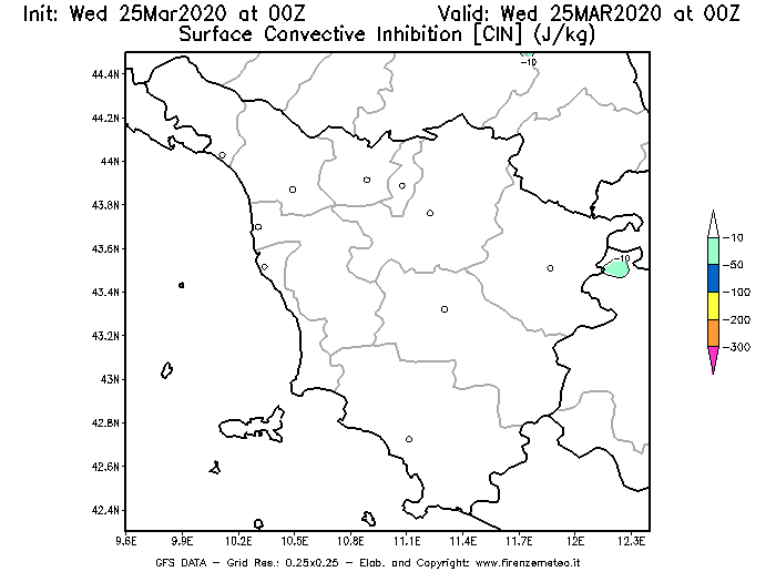 Mappa di analisi GFS - CIN [J/kg] in Toscana
							del 25/03/2020 00 <!--googleoff: index-->UTC<!--googleon: index-->