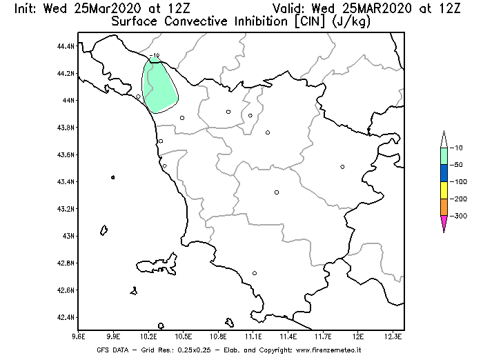 Mappa di analisi GFS - CIN [J/kg] in Toscana
							del 25/03/2020 12 <!--googleoff: index-->UTC<!--googleon: index-->