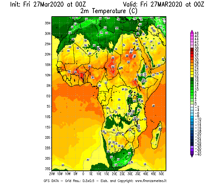 Mappa di analisi GFS - Temperatura a 2 metri dal suolo [°C] in Africa
									del 27/03/2020 00 <!--googleoff: index-->UTC<!--googleon: index-->