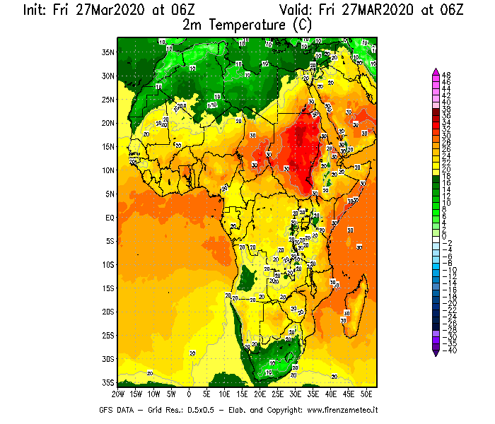 Mappa di analisi GFS - Temperatura a 2 metri dal suolo [°C] in Africa
									del 27/03/2020 06 <!--googleoff: index-->UTC<!--googleon: index-->