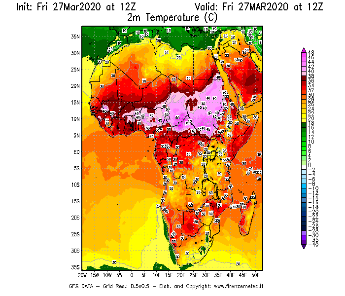 Mappa di analisi GFS - Temperatura a 2 metri dal suolo [°C] in Africa
									del 27/03/2020 12 <!--googleoff: index-->UTC<!--googleon: index-->
