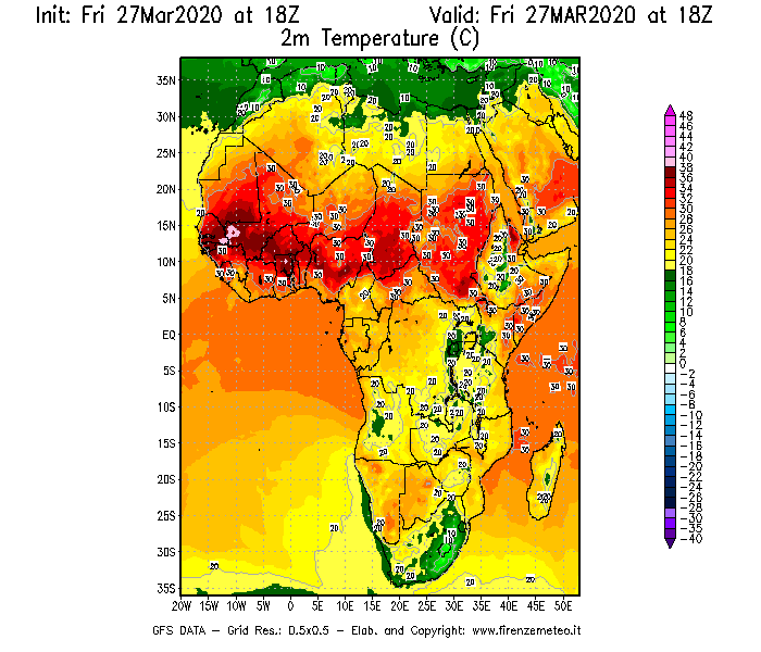 Mappa di analisi GFS - Temperatura a 2 metri dal suolo [°C] in Africa
									del 27/03/2020 18 <!--googleoff: index-->UTC<!--googleon: index-->