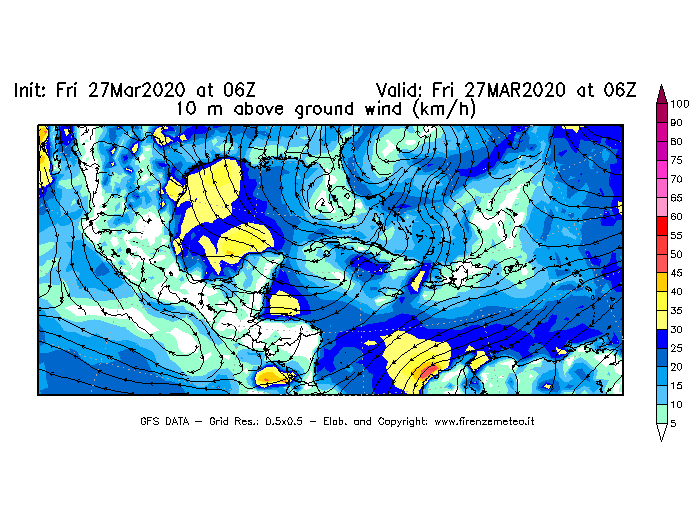 Mappa di analisi GFS - Velocità del vento a 10 metri dal suolo [km/h] in Centro-America
									del 27/03/2020 06 <!--googleoff: index-->UTC<!--googleon: index-->