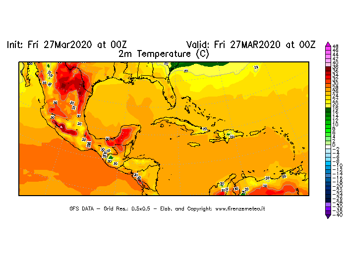Mappa di analisi GFS - Temperatura a 2 metri dal suolo [°C] in Centro-America
									del 27/03/2020 00 <!--googleoff: index-->UTC<!--googleon: index-->