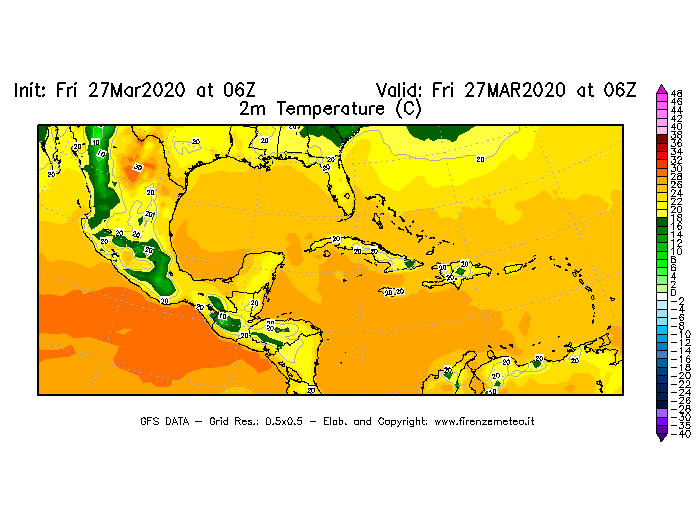 Mappa di analisi GFS - Temperatura a 2 metri dal suolo [°C] in Centro-America
									del 27/03/2020 06 <!--googleoff: index-->UTC<!--googleon: index-->