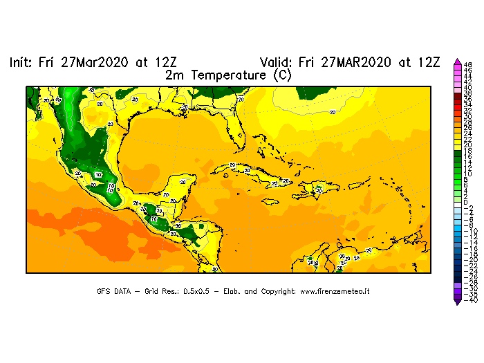 Mappa di analisi GFS - Temperatura a 2 metri dal suolo [°C] in Centro-America
									del 27/03/2020 12 <!--googleoff: index-->UTC<!--googleon: index-->