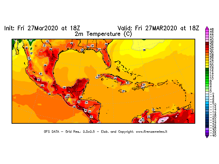 Mappa di analisi GFS - Temperatura a 2 metri dal suolo [°C] in Centro-America
									del 27/03/2020 18 <!--googleoff: index-->UTC<!--googleon: index-->