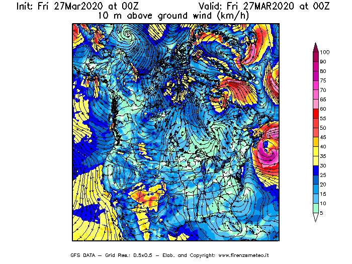 Mappa di analisi GFS - Velocità del vento a 10 metri dal suolo [km/h] in Nord-America
									del 27/03/2020 00 <!--googleoff: index-->UTC<!--googleon: index-->
