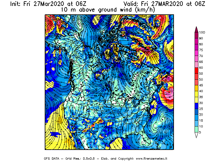 Mappa di analisi GFS - Velocità del vento a 10 metri dal suolo [km/h] in Nord-America
									del 27/03/2020 06 <!--googleoff: index-->UTC<!--googleon: index-->