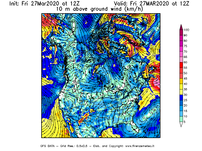 Mappa di analisi GFS - Velocità del vento a 10 metri dal suolo [km/h] in Nord-America
									del 27/03/2020 12 <!--googleoff: index-->UTC<!--googleon: index-->