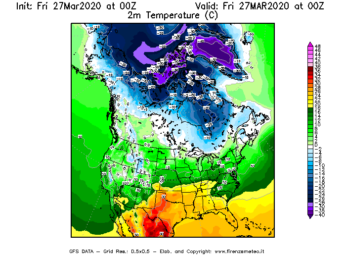 Mappa di analisi GFS - Temperatura a 2 metri dal suolo [°C] in Nord-America
									del 27/03/2020 00 <!--googleoff: index-->UTC<!--googleon: index-->