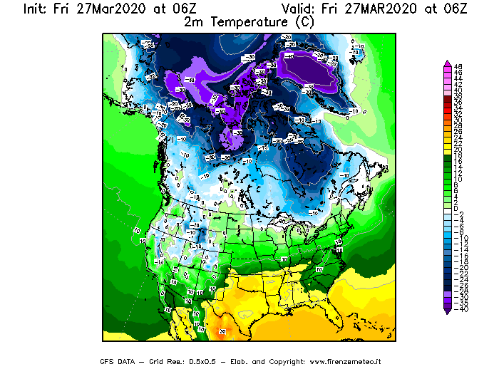 Mappa di analisi GFS - Temperatura a 2 metri dal suolo [°C] in Nord-America
									del 27/03/2020 06 <!--googleoff: index-->UTC<!--googleon: index-->
