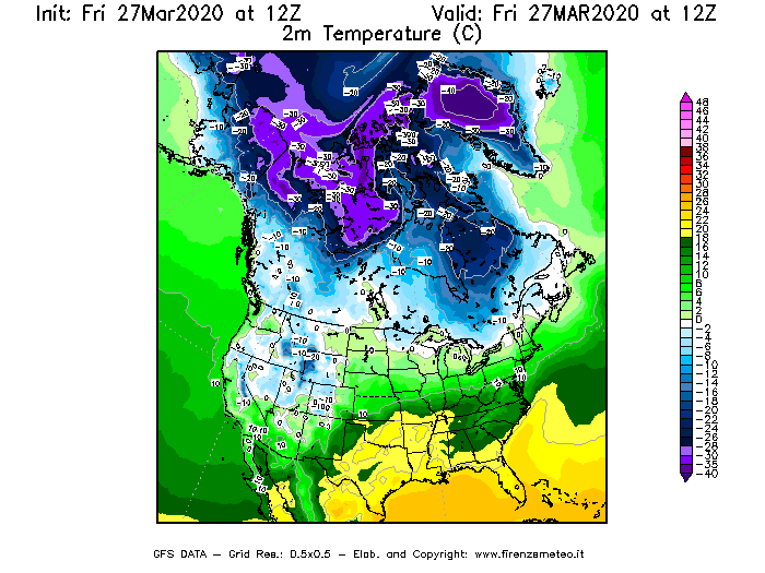 Mappa di analisi GFS - Temperatura a 2 metri dal suolo [°C] in Nord-America
									del 27/03/2020 12 <!--googleoff: index-->UTC<!--googleon: index-->