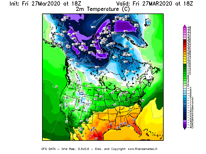 Mappa di analisi GFS - Temperatura a 2 metri dal suolo [°C] in Nord-America
									del 27/03/2020 18 <!--googleoff: index-->UTC<!--googleon: index-->
