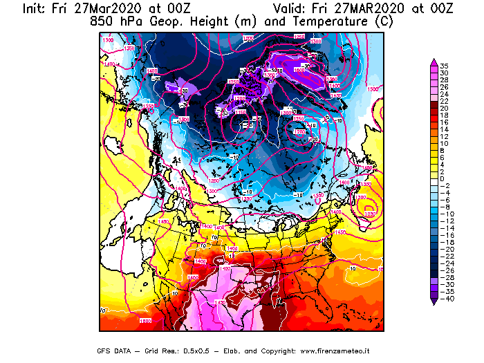 Mappa di analisi GFS - Geopotenziale [m] e Temperatura [°C] a 850 hPa in Nord-America
									del 27/03/2020 00 <!--googleoff: index-->UTC<!--googleon: index-->