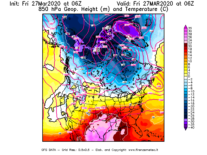 Mappa di analisi GFS - Geopotenziale [m] e Temperatura [°C] a 850 hPa in Nord-America
									del 27/03/2020 06 <!--googleoff: index-->UTC<!--googleon: index-->