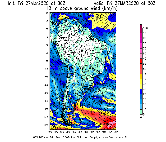 Mappa di analisi GFS - Velocità del vento a 10 metri dal suolo [km/h] in Sud-America
									del 27/03/2020 00 <!--googleoff: index-->UTC<!--googleon: index-->