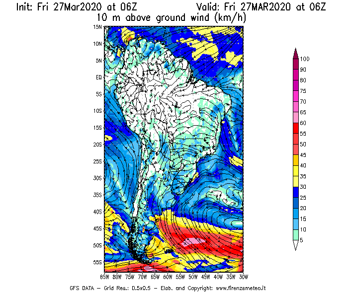 Mappa di analisi GFS - Velocità del vento a 10 metri dal suolo [km/h] in Sud-America
									del 27/03/2020 06 <!--googleoff: index-->UTC<!--googleon: index-->