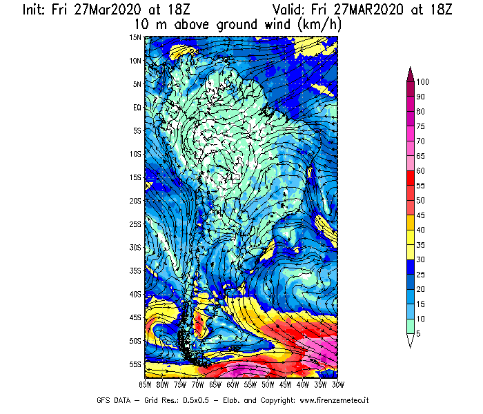 Mappa di analisi GFS - Velocità del vento a 10 metri dal suolo [km/h] in Sud-America
									del 27/03/2020 18 <!--googleoff: index-->UTC<!--googleon: index-->