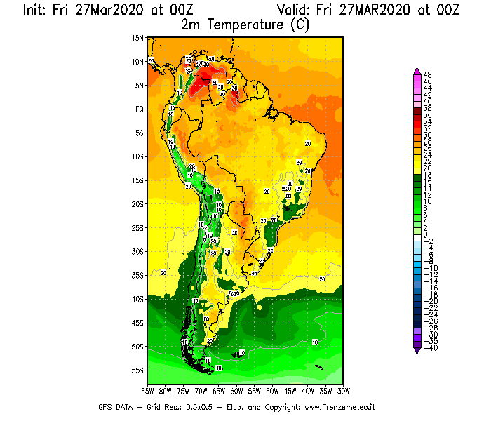 Mappa di analisi GFS - Temperatura a 2 metri dal suolo [°C] in Sud-America
									del 27/03/2020 00 <!--googleoff: index-->UTC<!--googleon: index-->