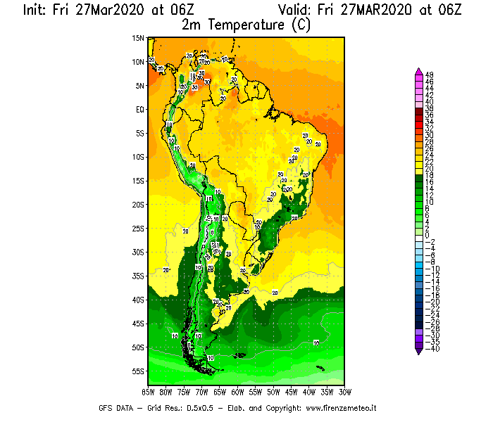 Mappa di analisi GFS - Temperatura a 2 metri dal suolo [°C] in Sud-America
									del 27/03/2020 06 <!--googleoff: index-->UTC<!--googleon: index-->