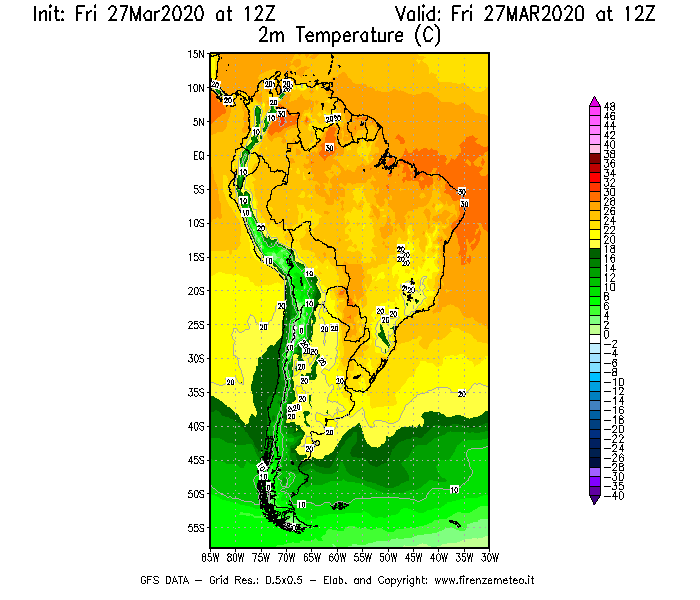 Mappa di analisi GFS - Temperatura a 2 metri dal suolo [°C] in Sud-America
									del 27/03/2020 12 <!--googleoff: index-->UTC<!--googleon: index-->