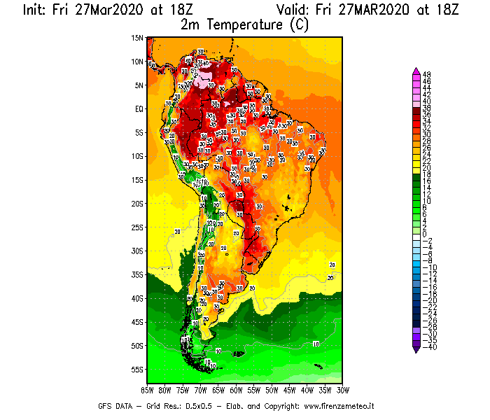 Mappa di analisi GFS - Temperatura a 2 metri dal suolo [°C] in Sud-America
									del 27/03/2020 18 <!--googleoff: index-->UTC<!--googleon: index-->