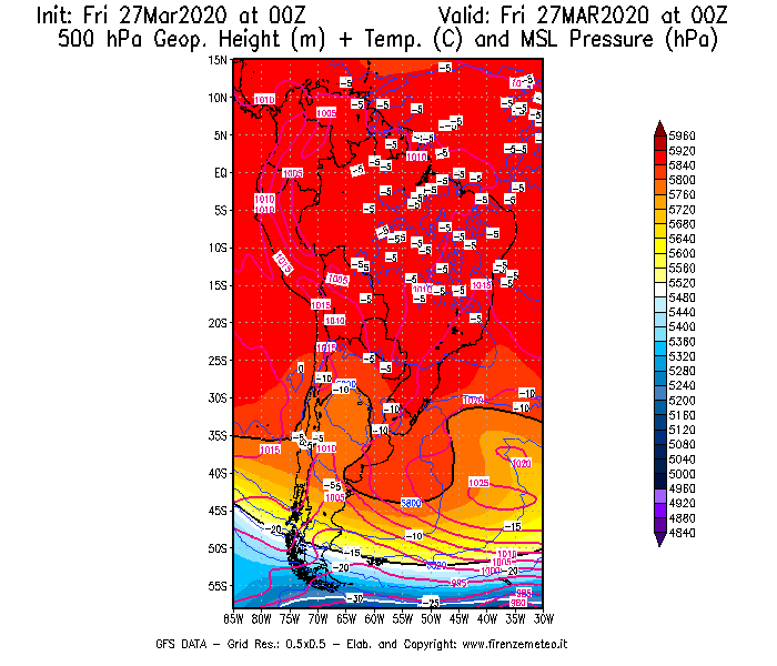 Mappa di analisi GFS - Geopotenziale [m] + Temp. [°C] a 500 hPa + Press. a livello del mare [hPa] in Sud-America
									del 27/03/2020 00 <!--googleoff: index-->UTC<!--googleon: index-->
