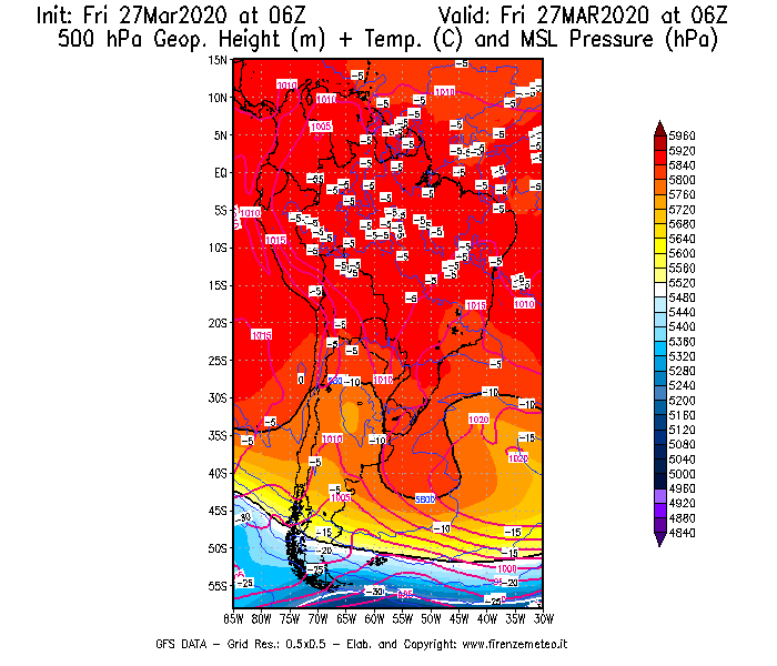 Mappa di analisi GFS - Geopotenziale [m] + Temp. [°C] a 500 hPa + Press. a livello del mare [hPa] in Sud-America
									del 27/03/2020 06 <!--googleoff: index-->UTC<!--googleon: index-->