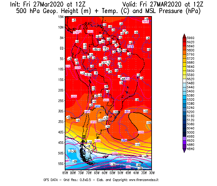Mappa di analisi GFS - Geopotenziale [m] + Temp. [°C] a 500 hPa + Press. a livello del mare [hPa] in Sud-America
									del 27/03/2020 12 <!--googleoff: index-->UTC<!--googleon: index-->