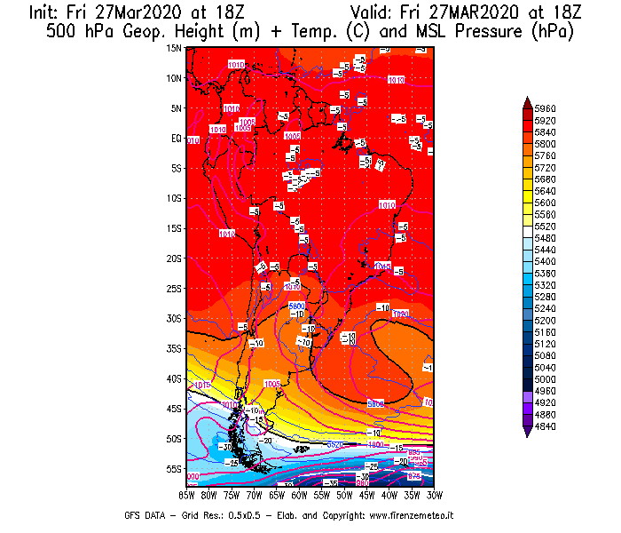 Mappa di analisi GFS - Geopotenziale [m] + Temp. [°C] a 500 hPa + Press. a livello del mare [hPa] in Sud-America
									del 27/03/2020 18 <!--googleoff: index-->UTC<!--googleon: index-->