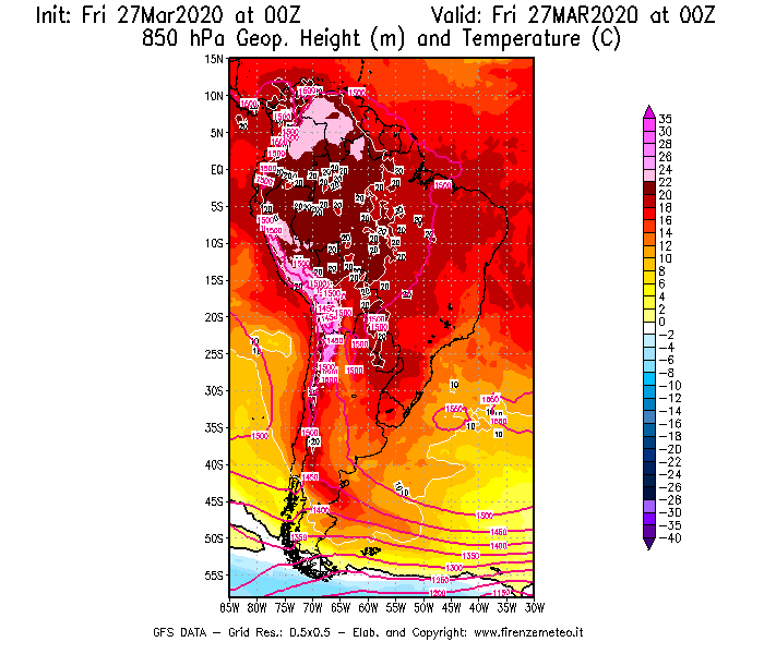 Mappa di analisi GFS - Geopotenziale [m] e Temperatura [°C] a 850 hPa in Sud-America
									del 27/03/2020 00 <!--googleoff: index-->UTC<!--googleon: index-->