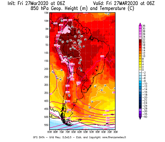 Mappa di analisi GFS - Geopotenziale [m] e Temperatura [°C] a 850 hPa in Sud-America
									del 27/03/2020 06 <!--googleoff: index-->UTC<!--googleon: index-->