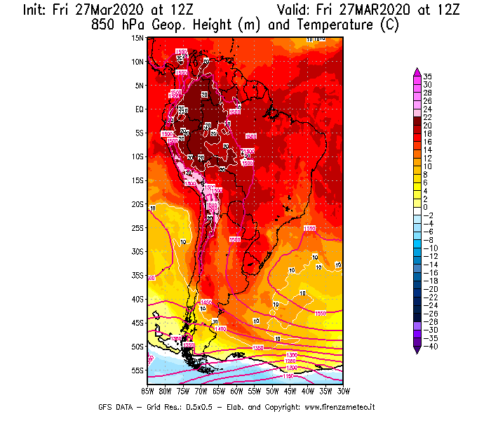 Mappa di analisi GFS - Geopotenziale [m] e Temperatura [°C] a 850 hPa in Sud-America
									del 27/03/2020 12 <!--googleoff: index-->UTC<!--googleon: index-->