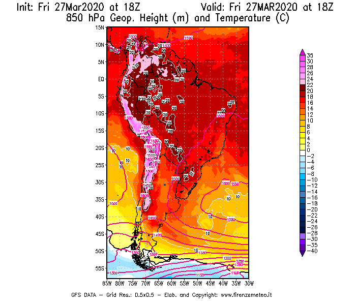 Mappa di analisi GFS - Geopotenziale [m] e Temperatura [°C] a 850 hPa in Sud-America
									del 27/03/2020 18 <!--googleoff: index-->UTC<!--googleon: index-->