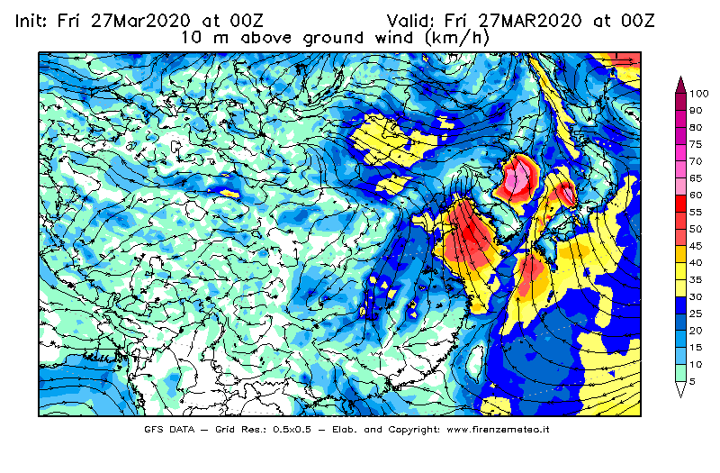 Mappa di analisi GFS - Velocità del vento a 10 metri dal suolo [km/h] in Asia Orientale
									del 27/03/2020 00 <!--googleoff: index-->UTC<!--googleon: index-->