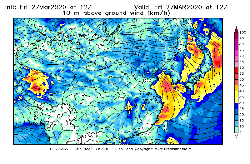 Mappa di analisi GFS - Velocità del vento a 10 metri dal suolo [km/h] in Asia Orientale
									del 27/03/2020 12 <!--googleoff: index-->UTC<!--googleon: index-->