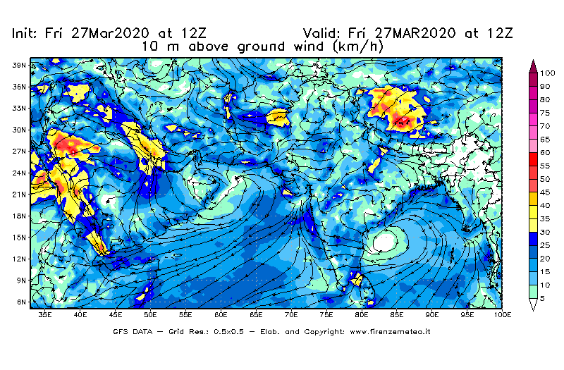 Mappa di analisi GFS - Velocità del vento a 10 metri dal suolo [km/h] in Asia Sud-Occidentale
									del 27/03/2020 12 <!--googleoff: index-->UTC<!--googleon: index-->