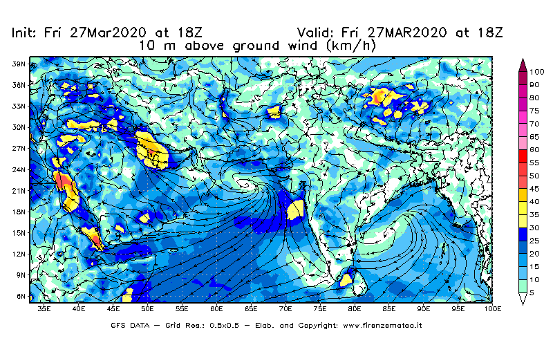 Mappa di analisi GFS - Velocità del vento a 10 metri dal suolo [km/h] in Asia Sud-Occidentale
									del 27/03/2020 18 <!--googleoff: index-->UTC<!--googleon: index-->